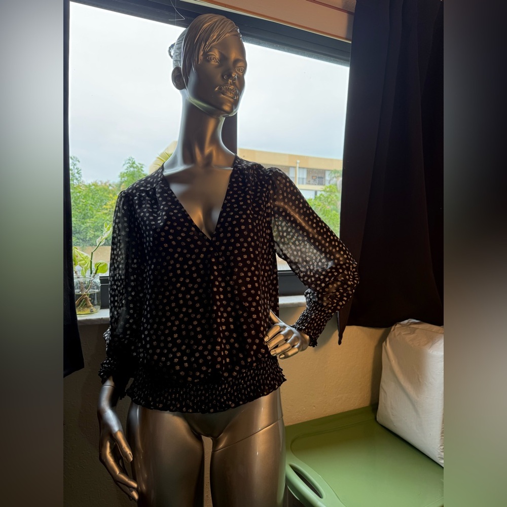 Sanctuary Black Sheer V-Neck Blouse with White Ditsy Print